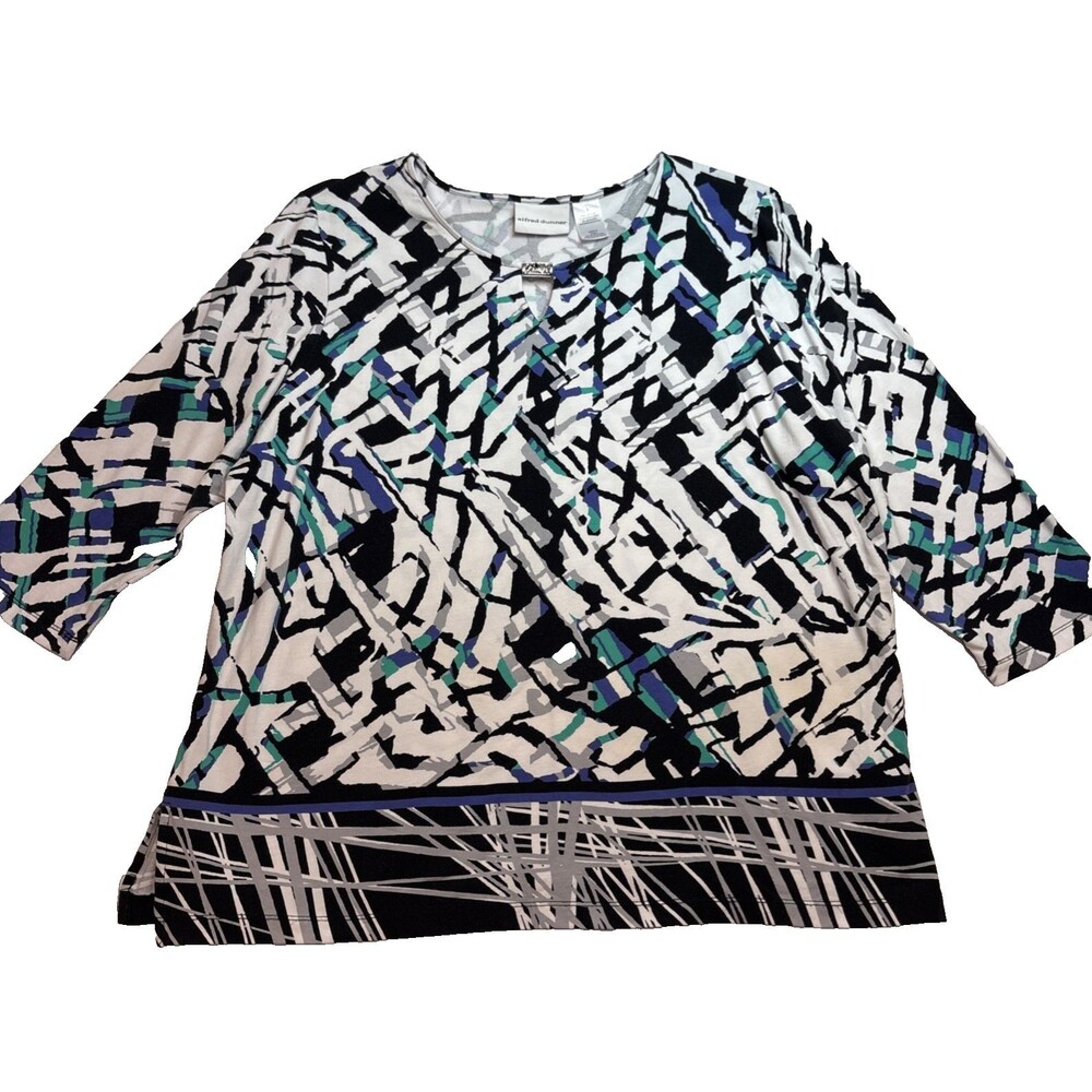 Alfred Dunner Top White Black Gray Turquoise 3/4 sleeve size Large